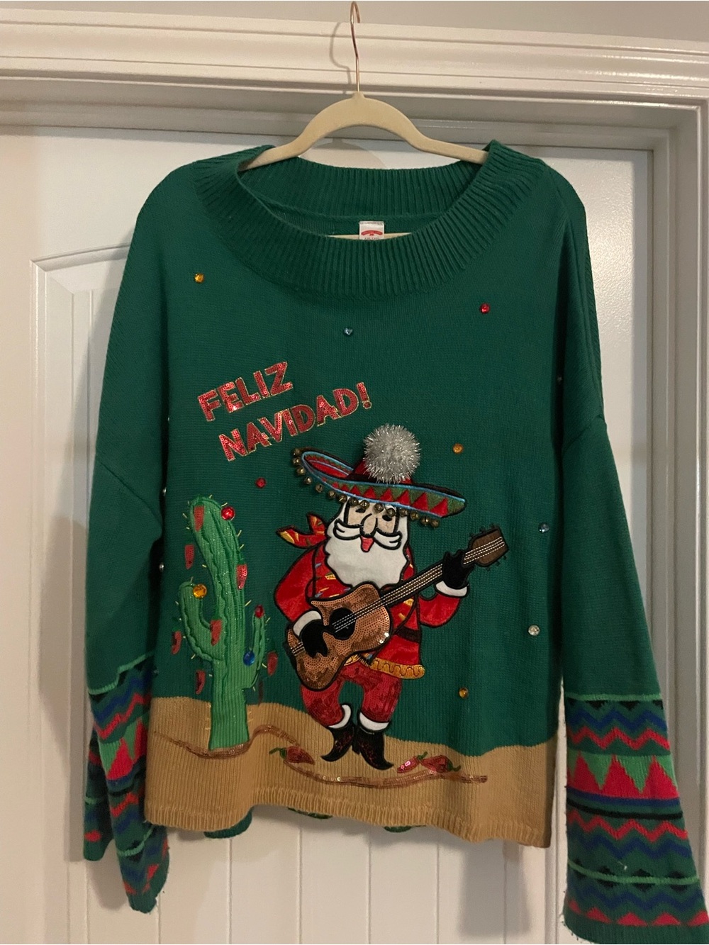 Holiday Time Green Crewneck Sweater with Festive Santa Guitar Design